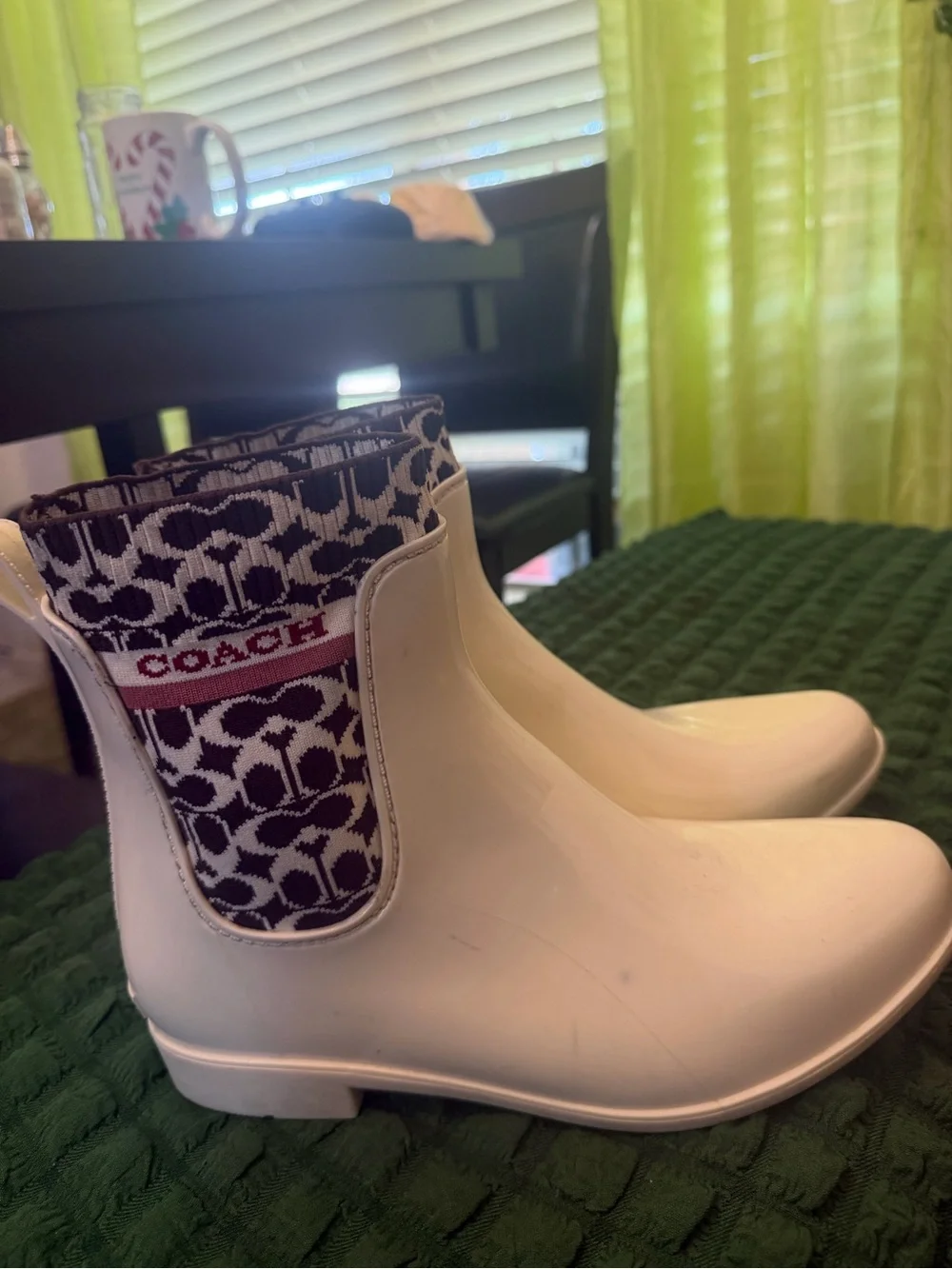 Coach White Rain Boots with Black & White Signature Cuff